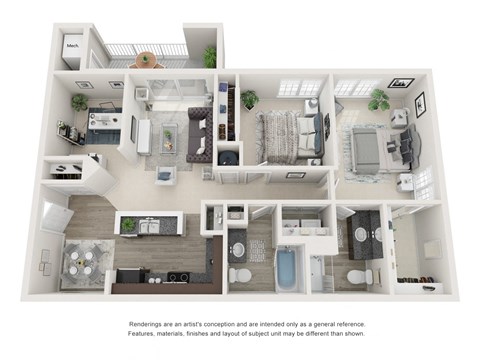 Floor plan for 2 beds, 2 baths, 1145 sqft